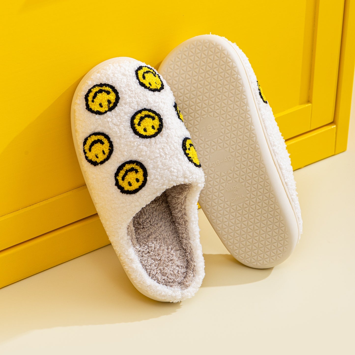 White and Yellow Smiley Face Slippers