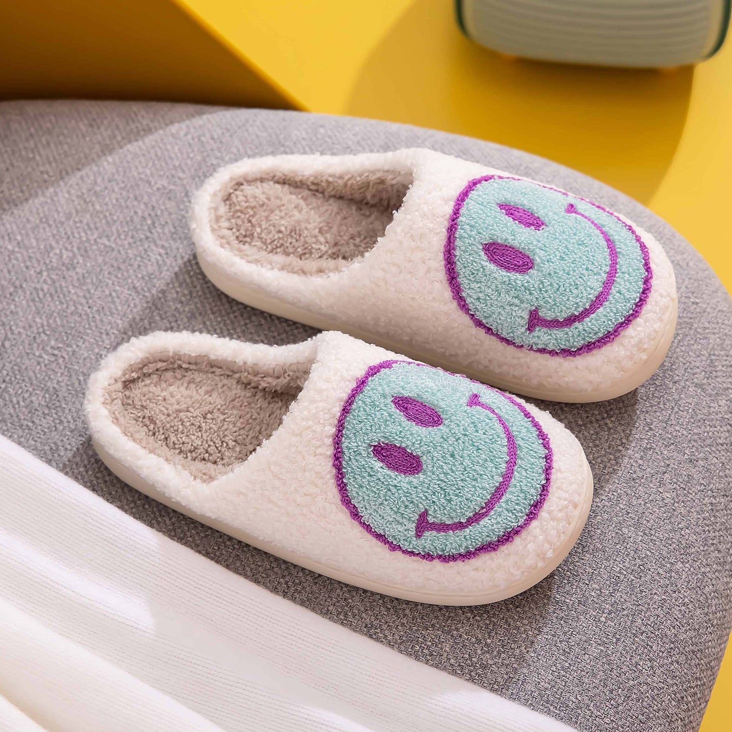 White, Purple and Blue Smiley Face Slippers