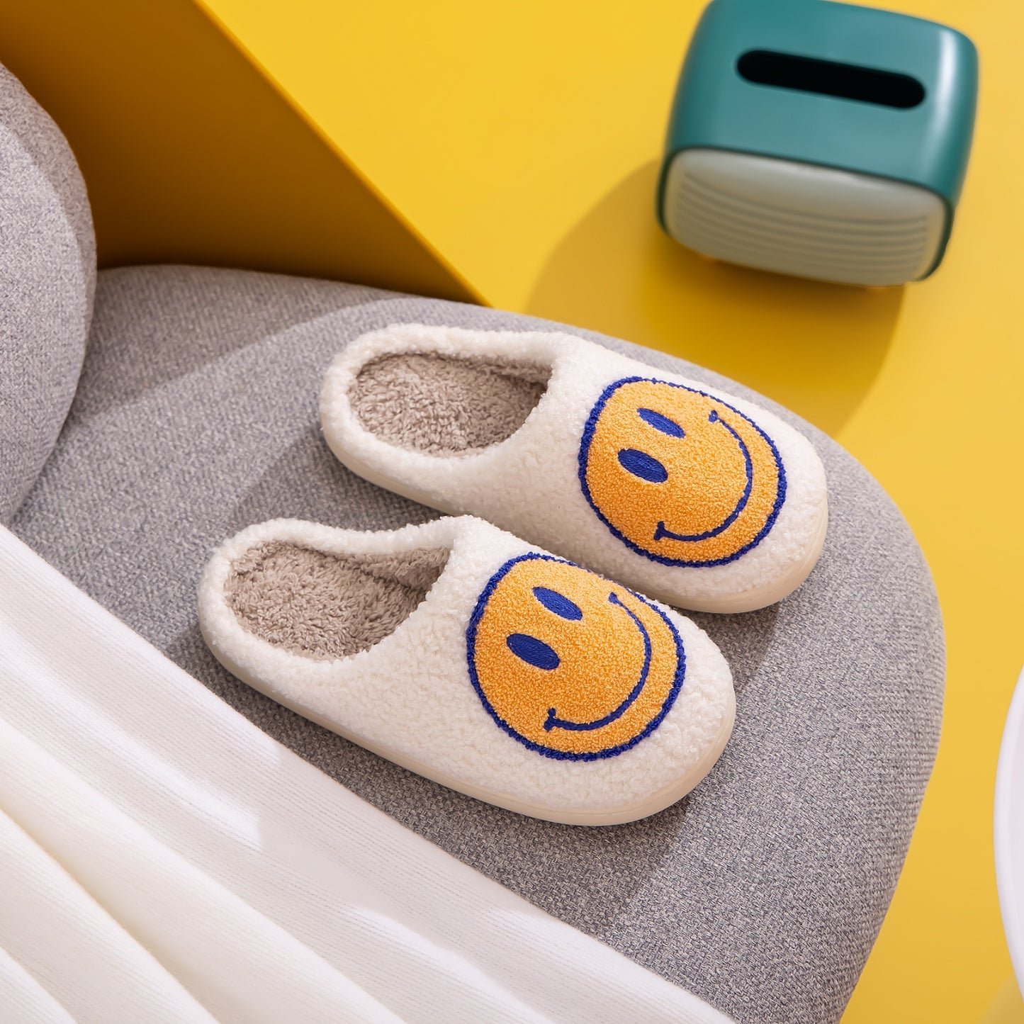 White and Yellow Smiley Face Slippers