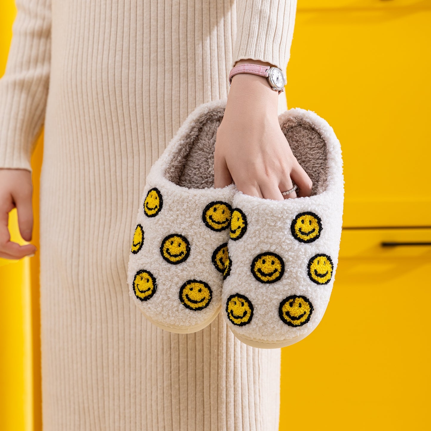 White and Yellow Smiley Face Slippers