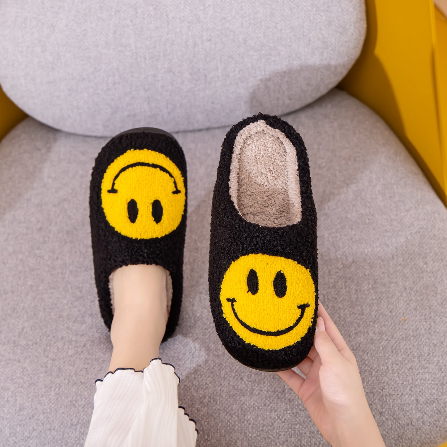 Black and Yellow Smiley Face Slippers