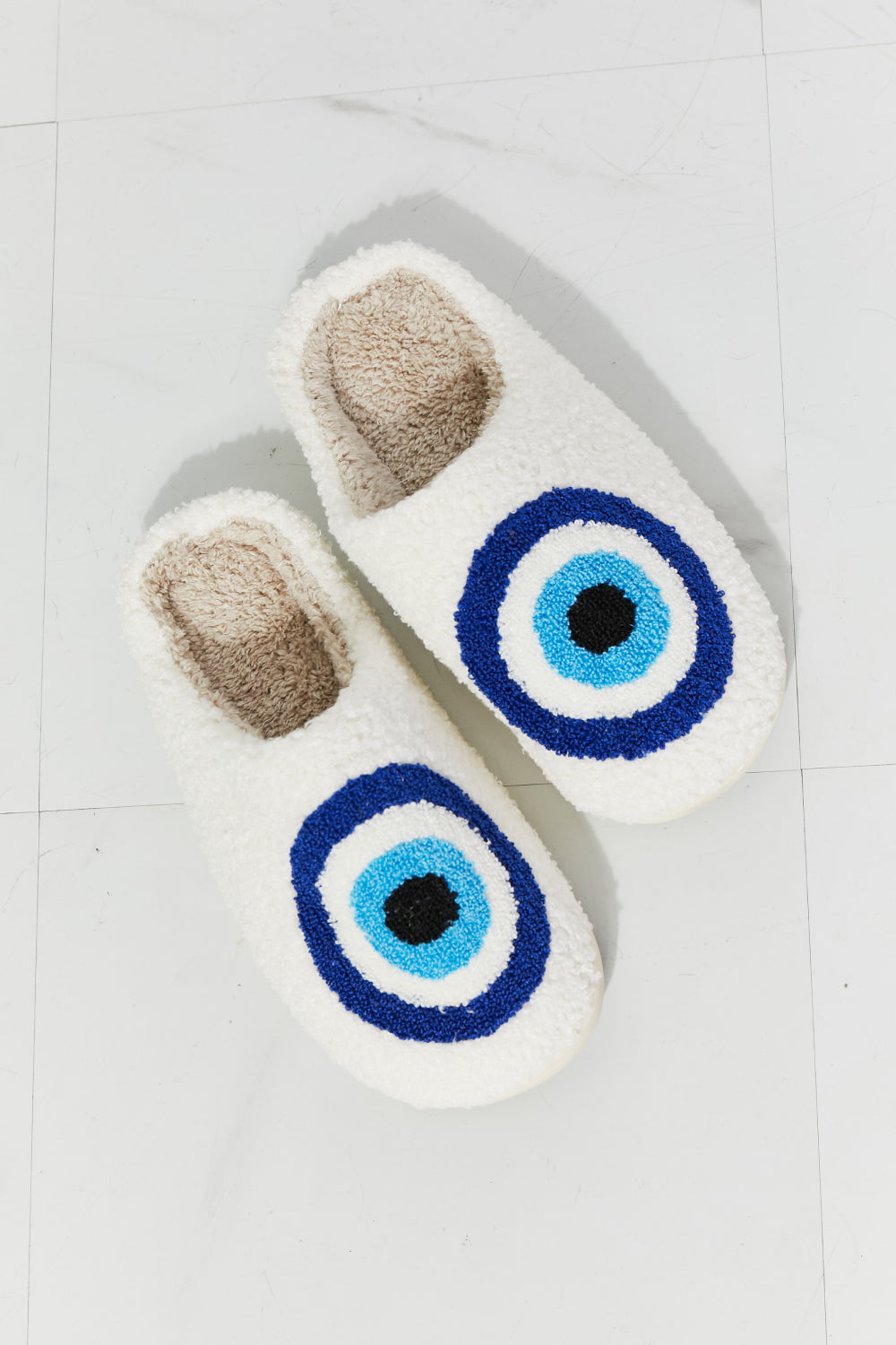 White and Blue Eye Cozy Slide Slipper
