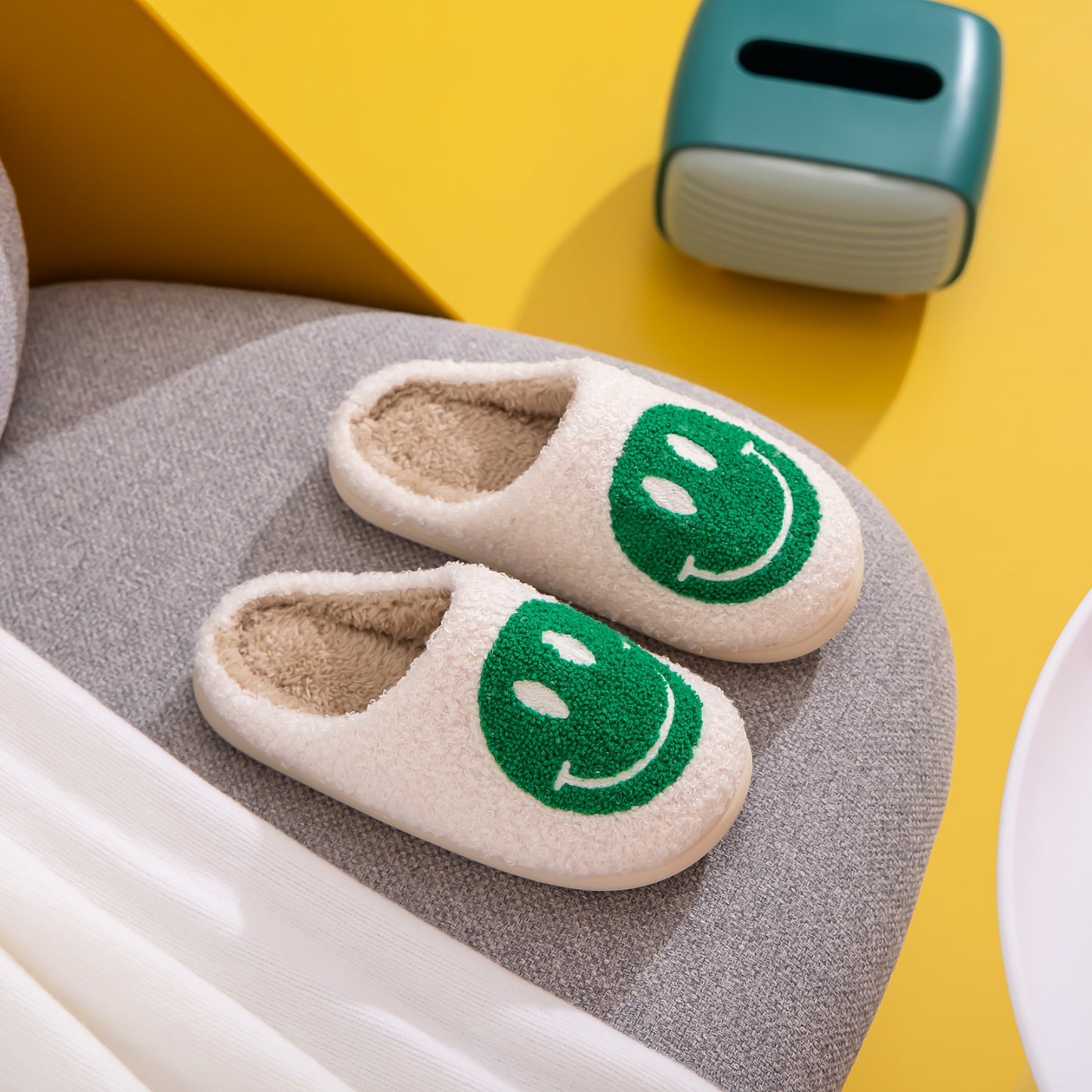 White and Green Smiley Face Slippers