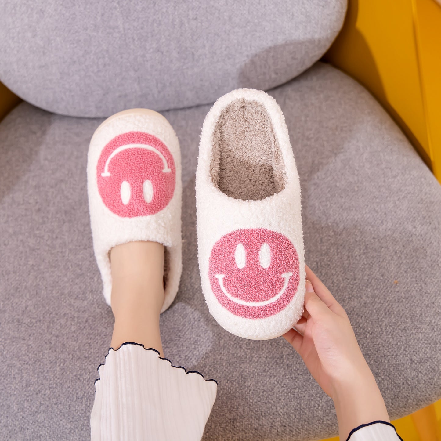 Pink and White Smiley Face Slippers