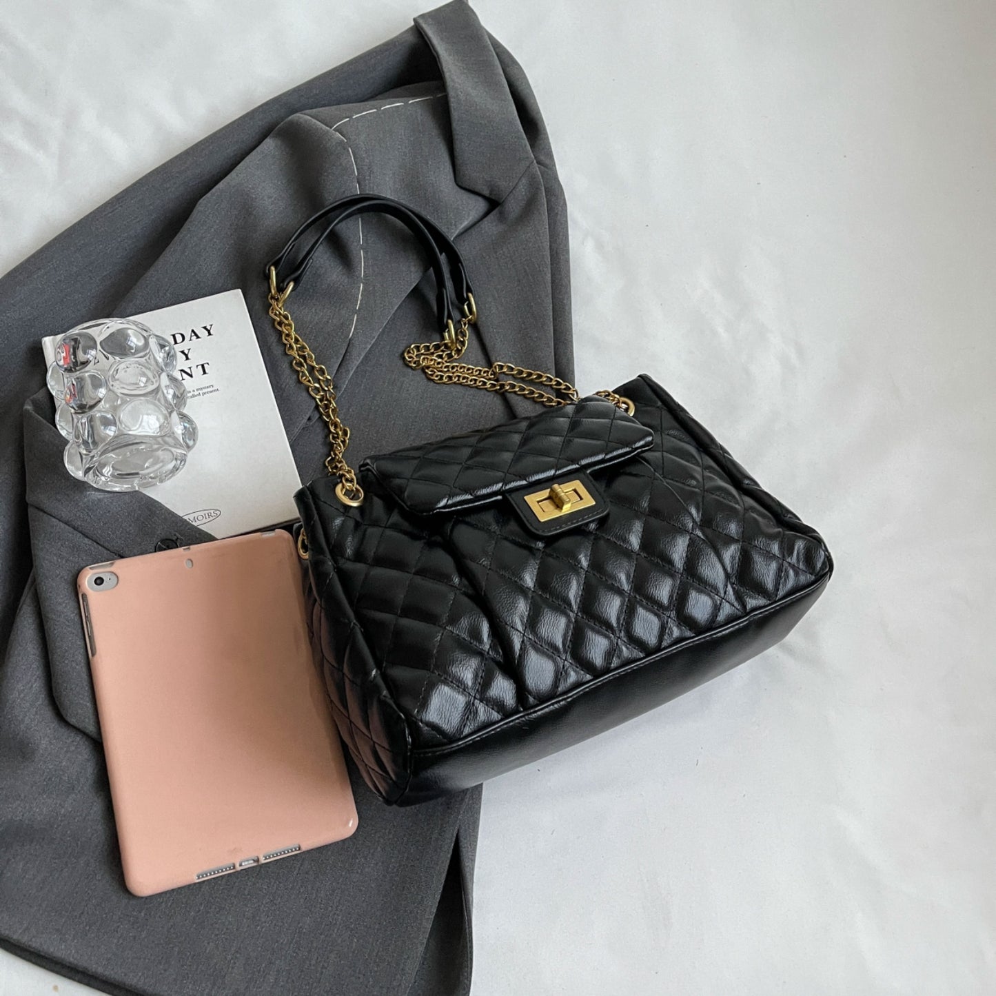 Classic Gold and Black Vegan Leather Shoulder Bag