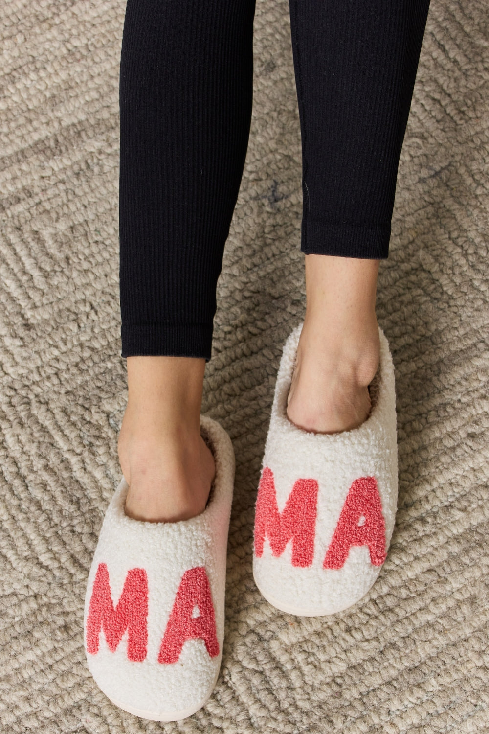 White and Pink MAMA Pattern Cozy Slippers