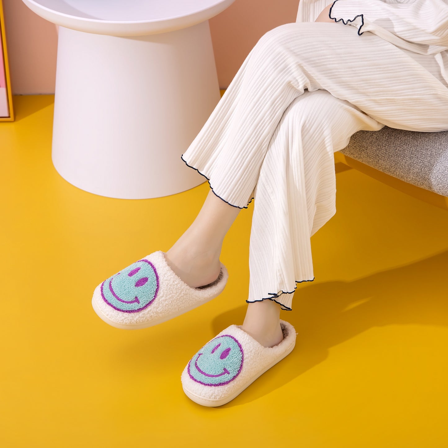 White, Purple and Blue Smiley Face Slippers