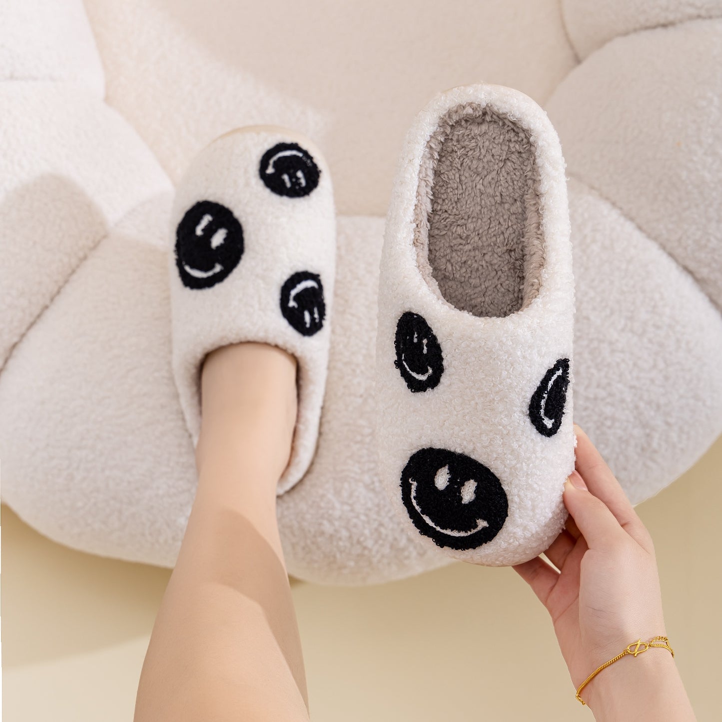 White and Black Smiley Face Slippers