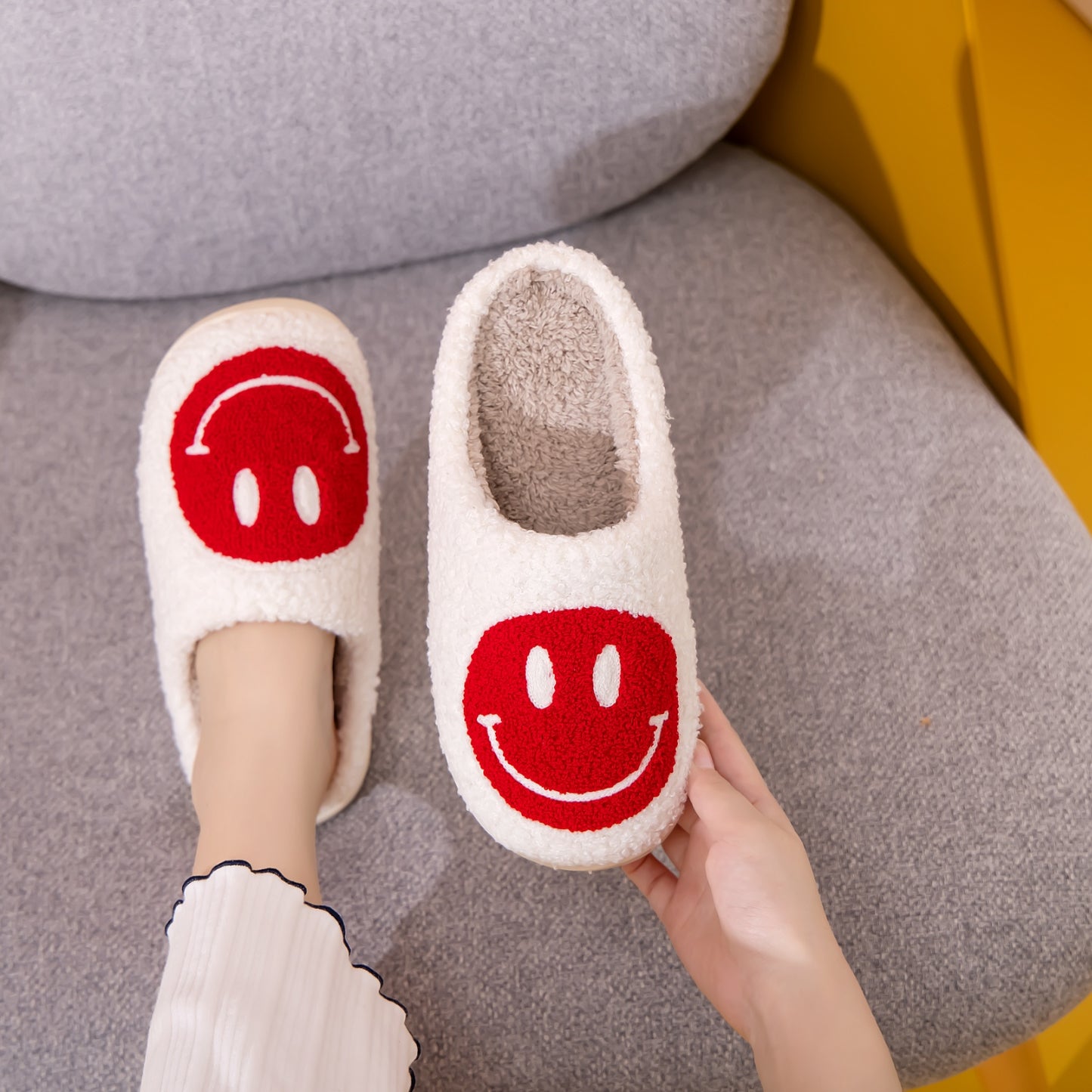 Red and White Smiley Face Cozy Slippers