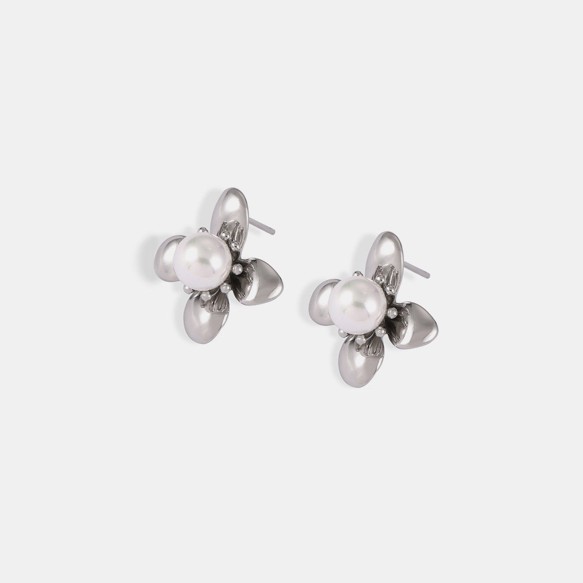 Gold Flower with Pearl Stud Earrings