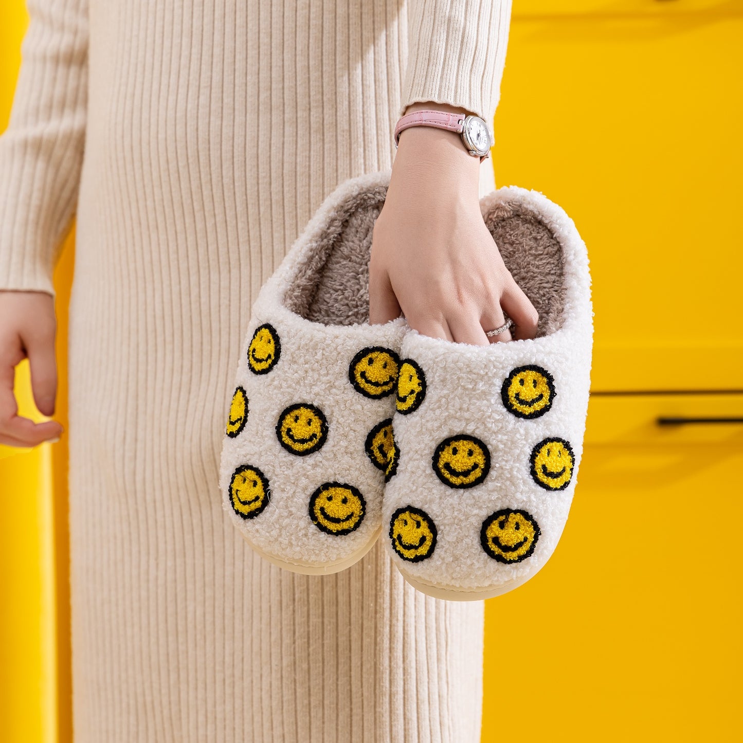 White and Yellow Smiley Face Slippers