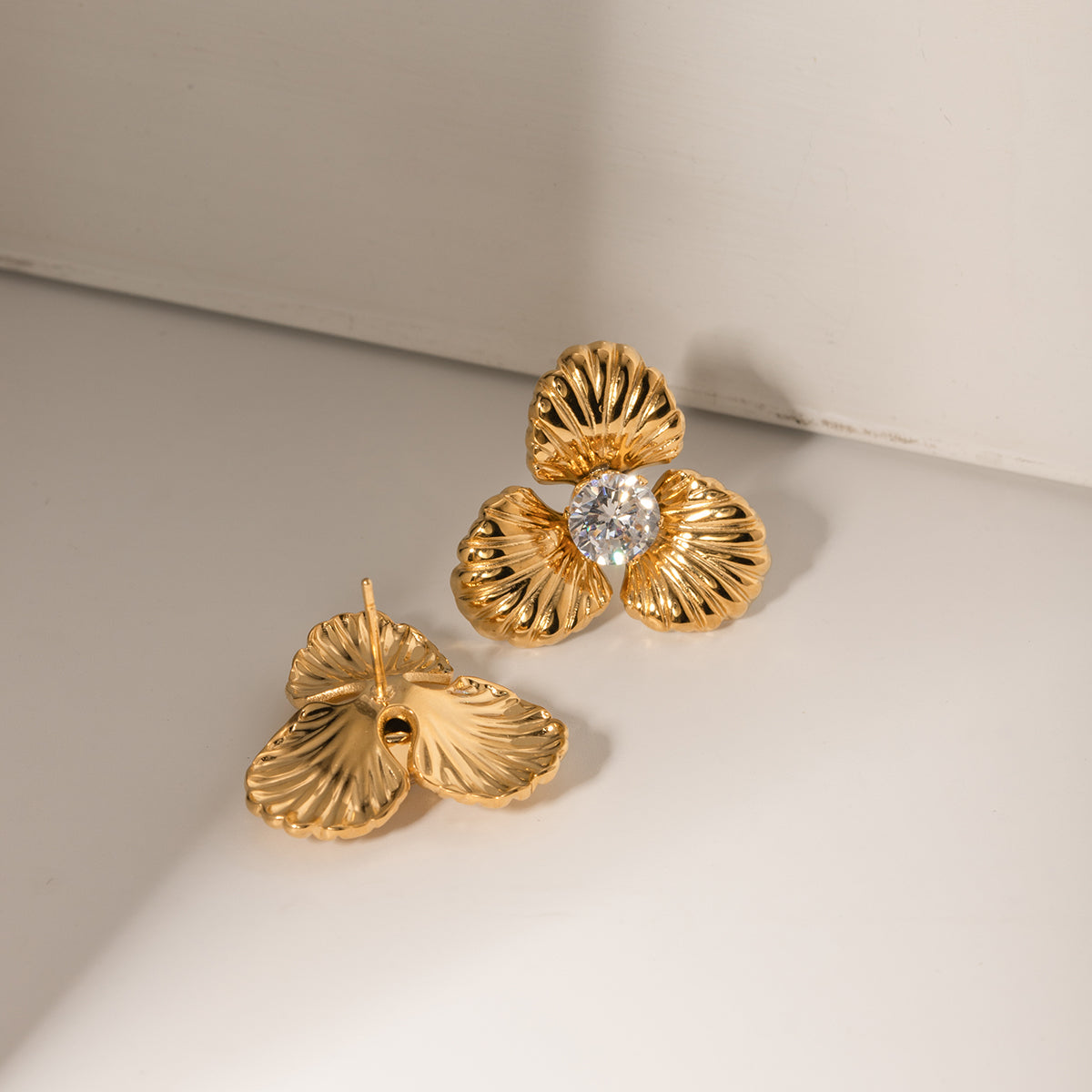 Gold and Zircon Flower Stud Earrings