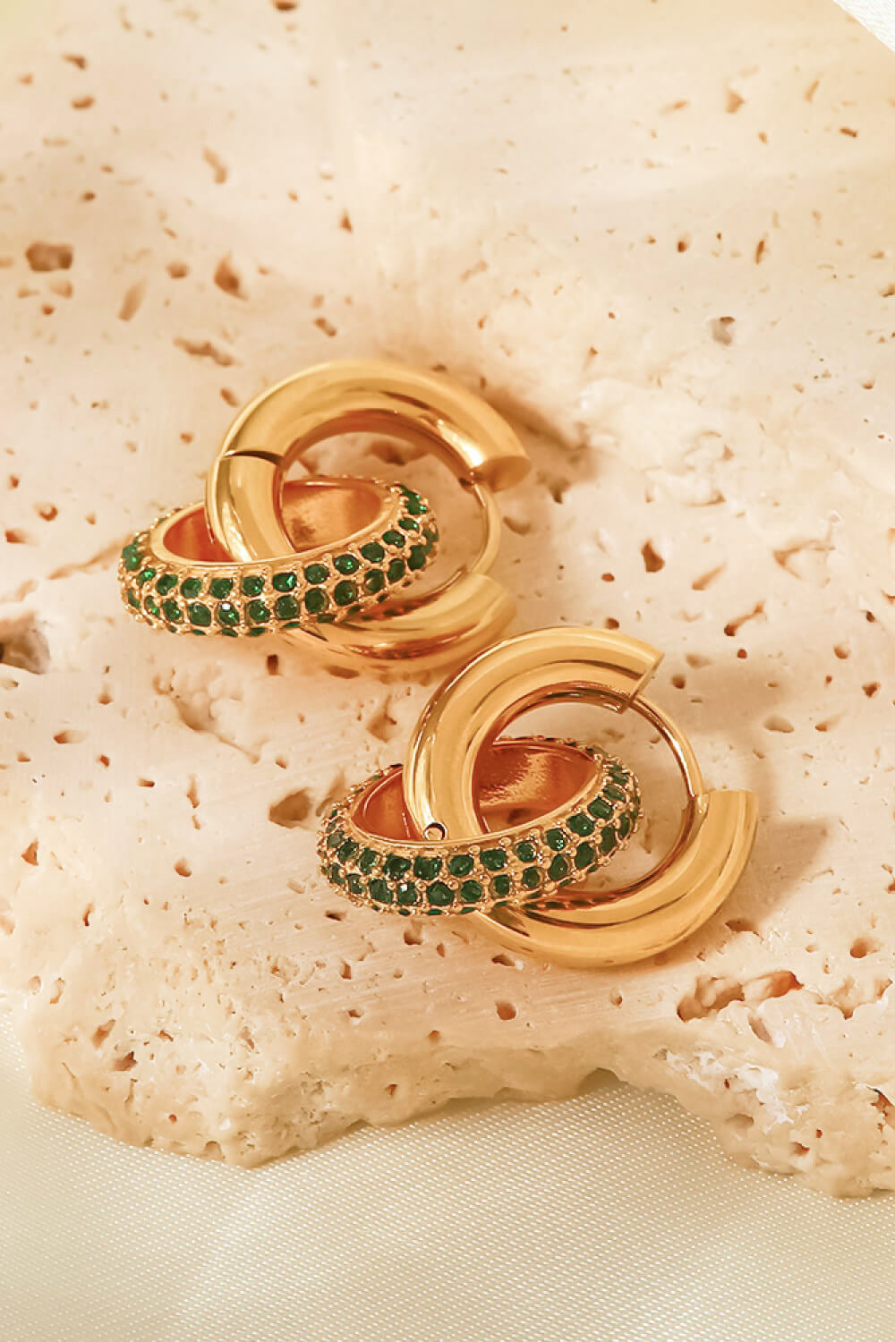 Elegant Gold Double Hoop Earrings with Emerald Accents