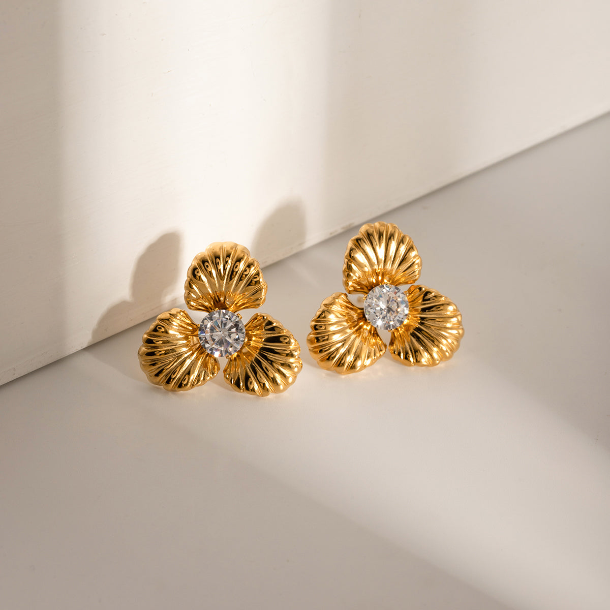 Gold and Zircon Flower Stud Earrings