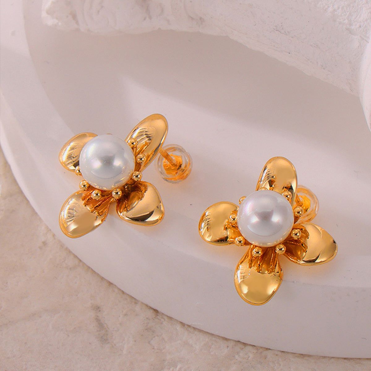 Gold Flower with Pearl Stud Earrings