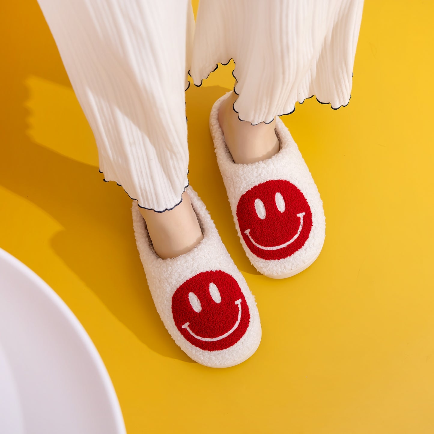 Red and White Smiley Face Cozy Slippers