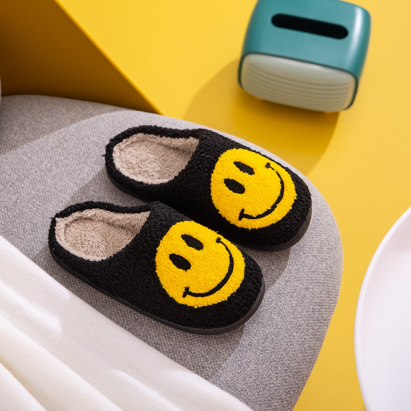 Black and Yellow Smiley Face Slippers