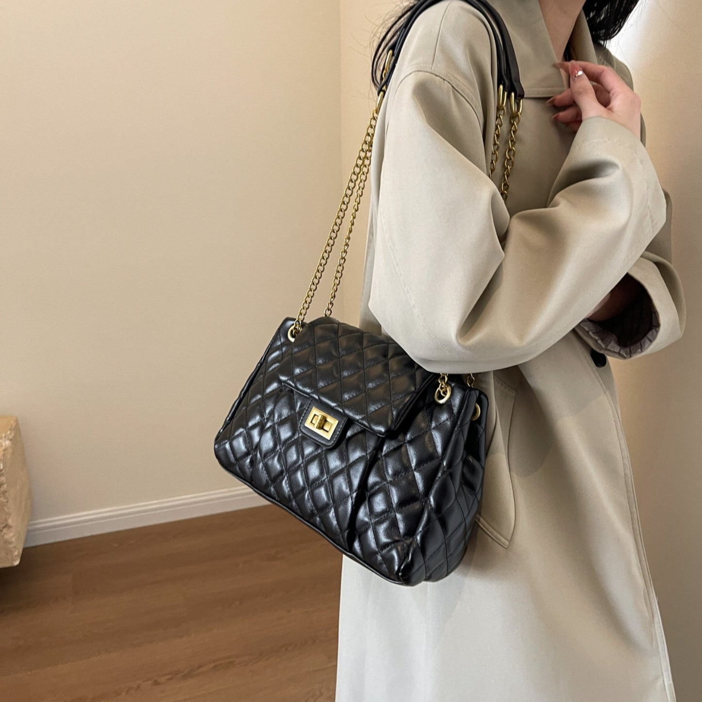 Classic Gold and Black Vegan Leather Shoulder Bag