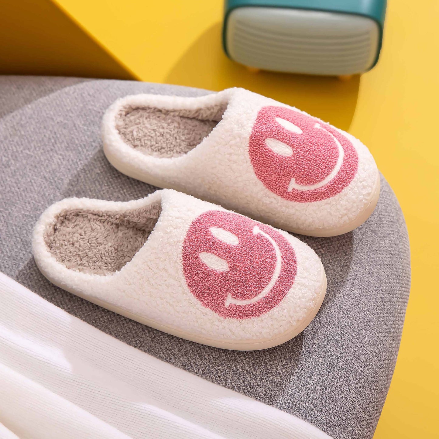 Pink and White Smiley Face Slippers