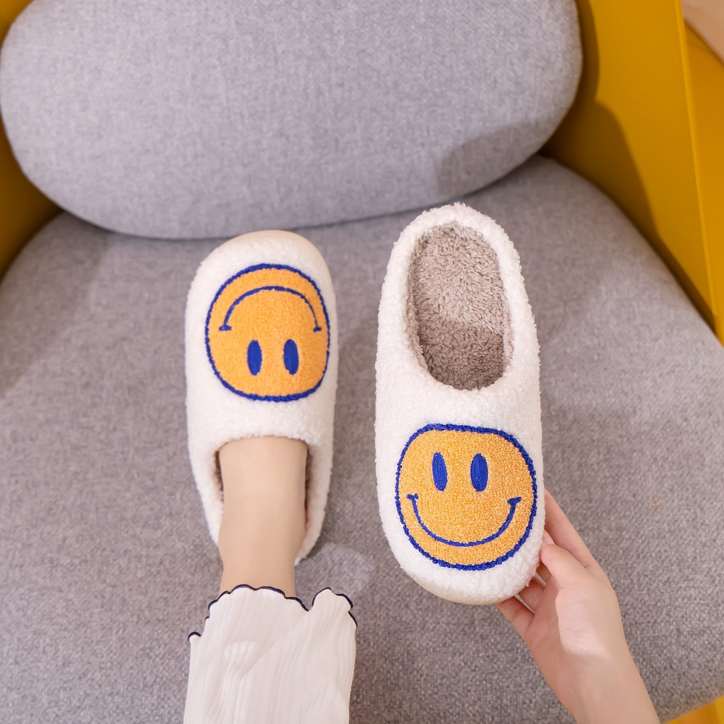 White and Yellow Smiley Face Slippers