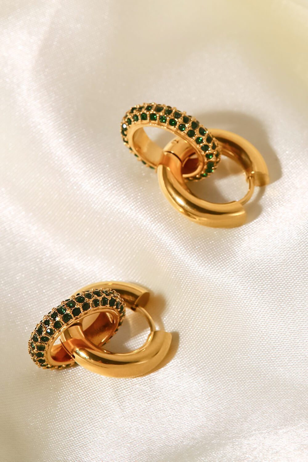 Elegant Gold Double Hoop Earrings with Emerald Accents