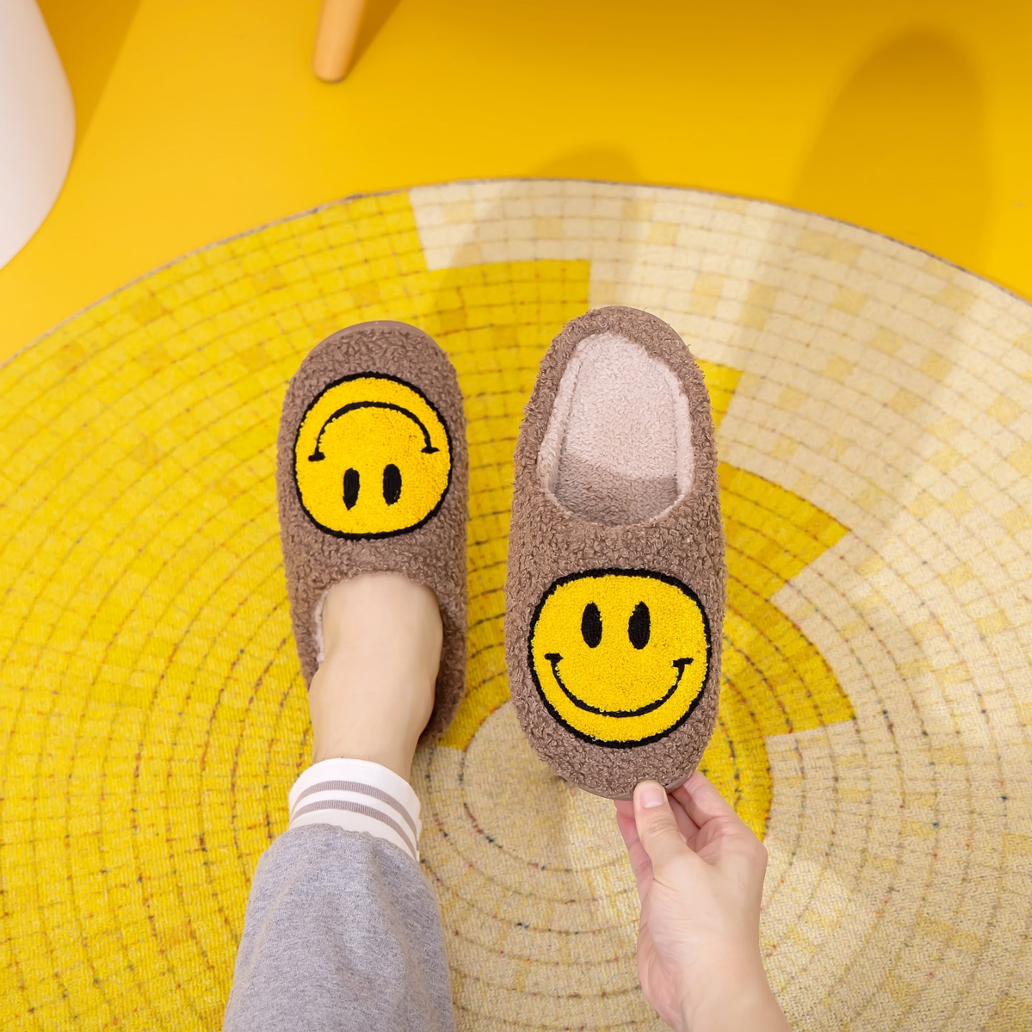 Chocolate and Yellow Smiley Face Slippers