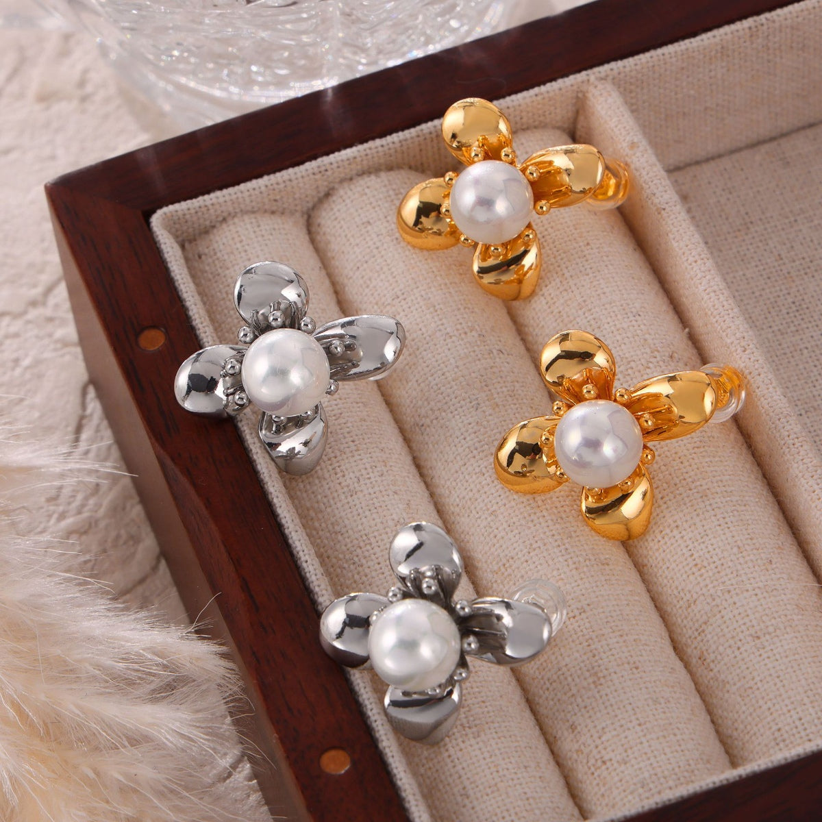 Gold Flower with Pearl Stud Earrings