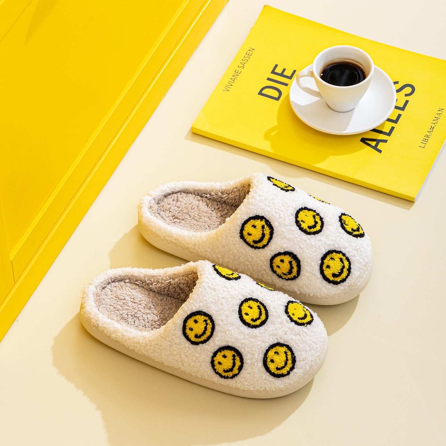 White and Yellow Smiley Face Slippers