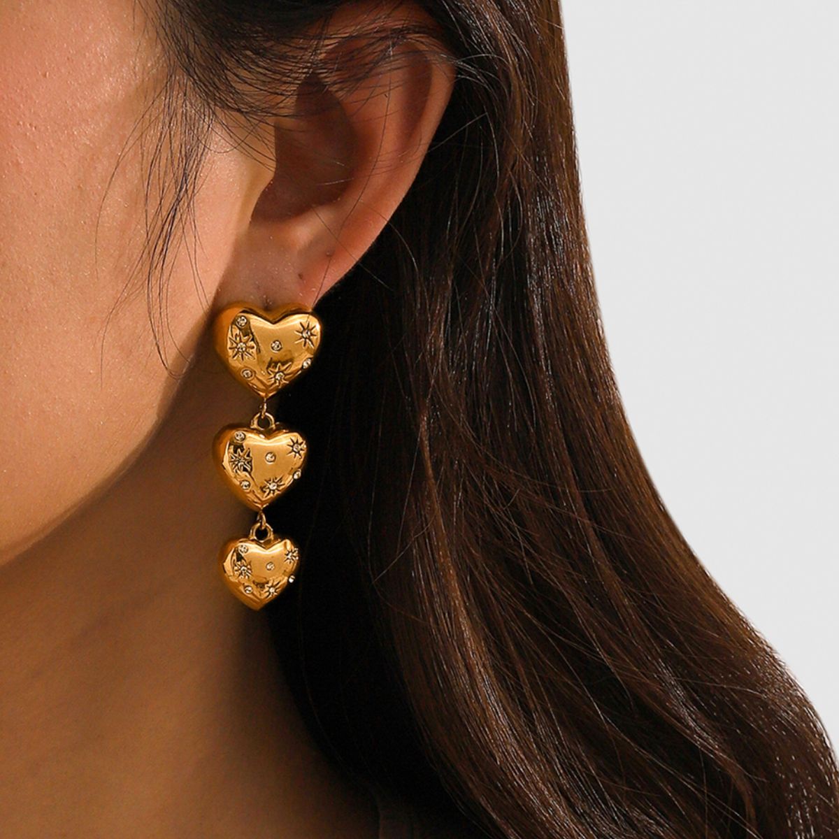 Gold Triple Drop Heart Earrings