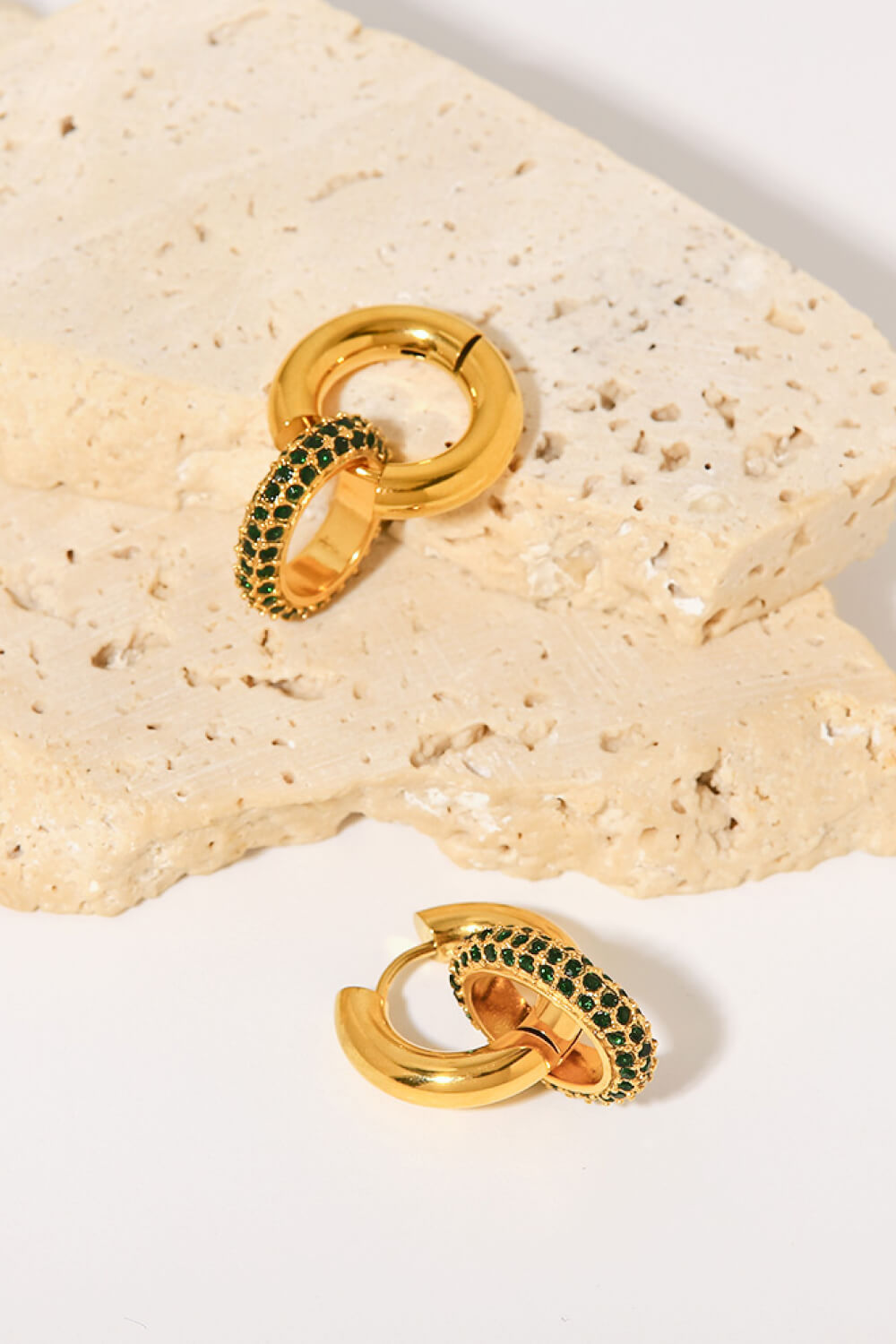 Elegant Gold Double Hoop Earrings with Emerald Accents