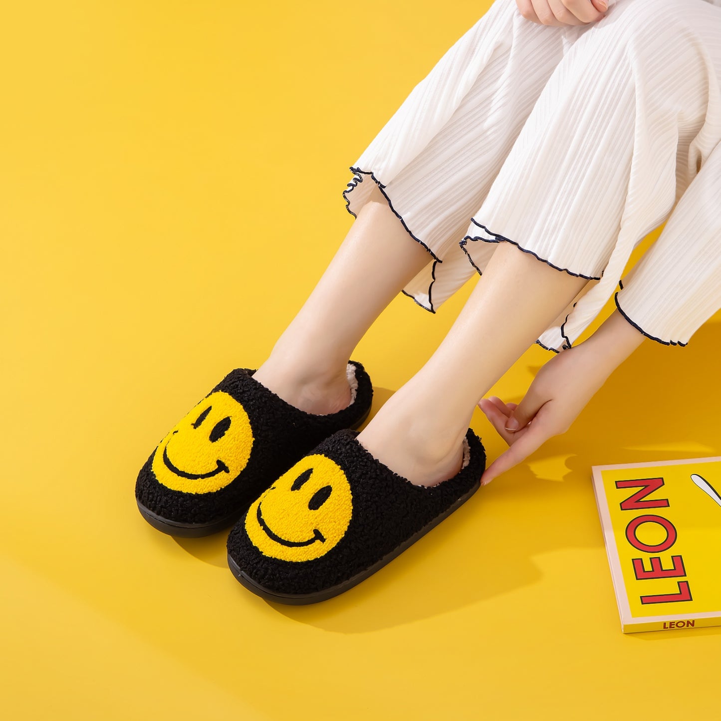 Black and Yellow Smiley Face Slippers