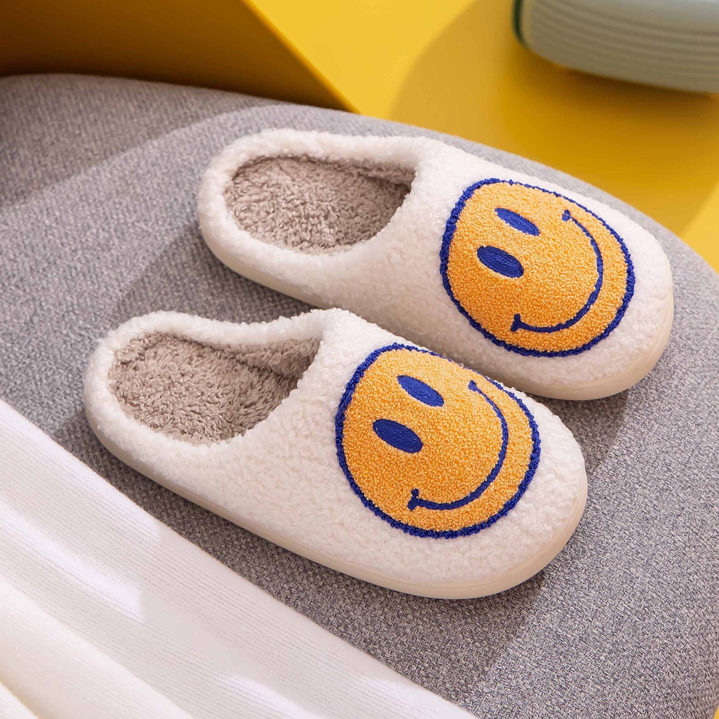 White and Yellow Smiley Face Slippers