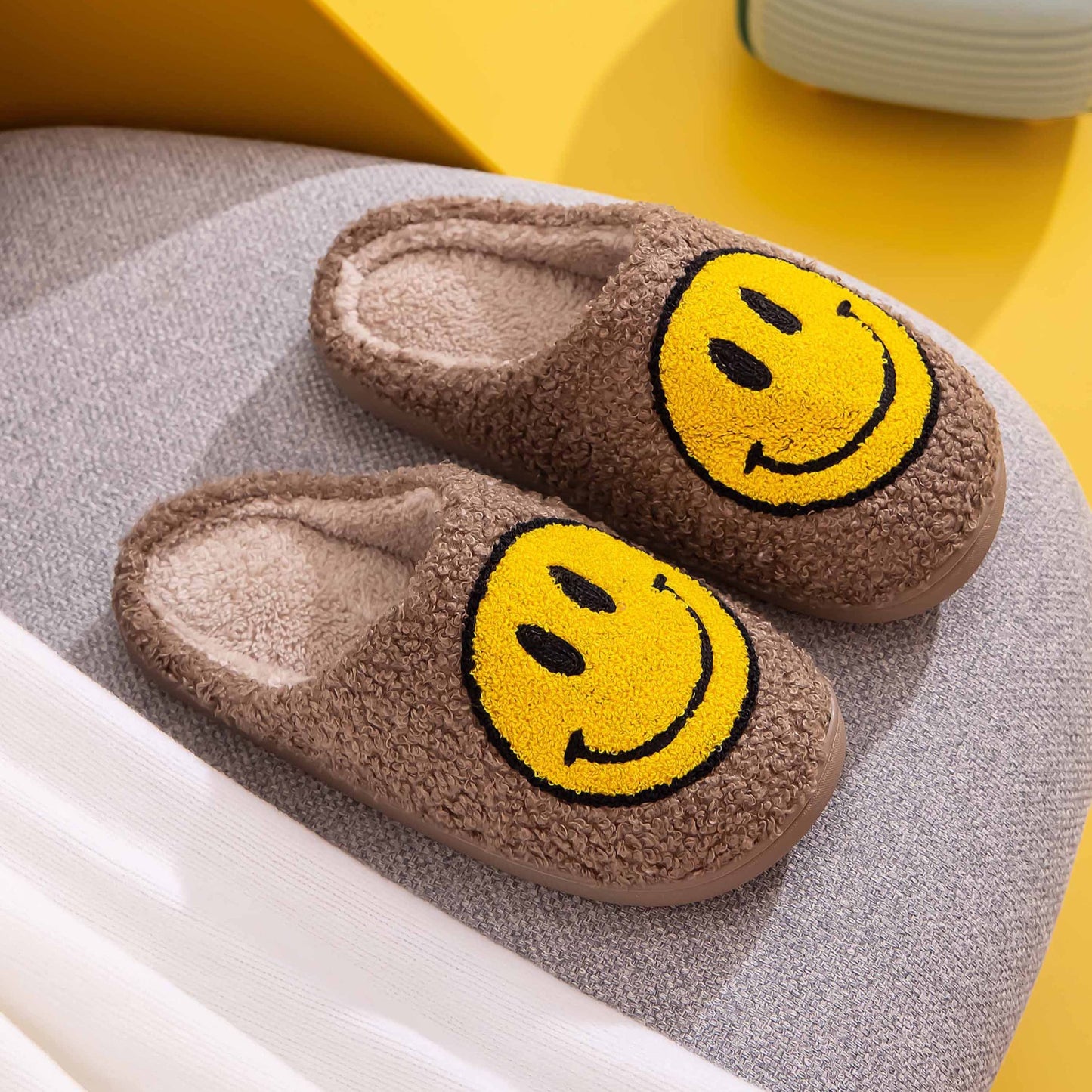 Chocolate and Yellow Smiley Face Slippers