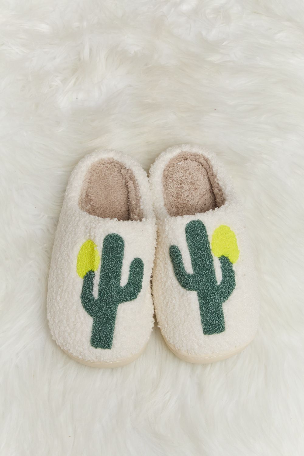 White Cactus Plush Slide Slippers