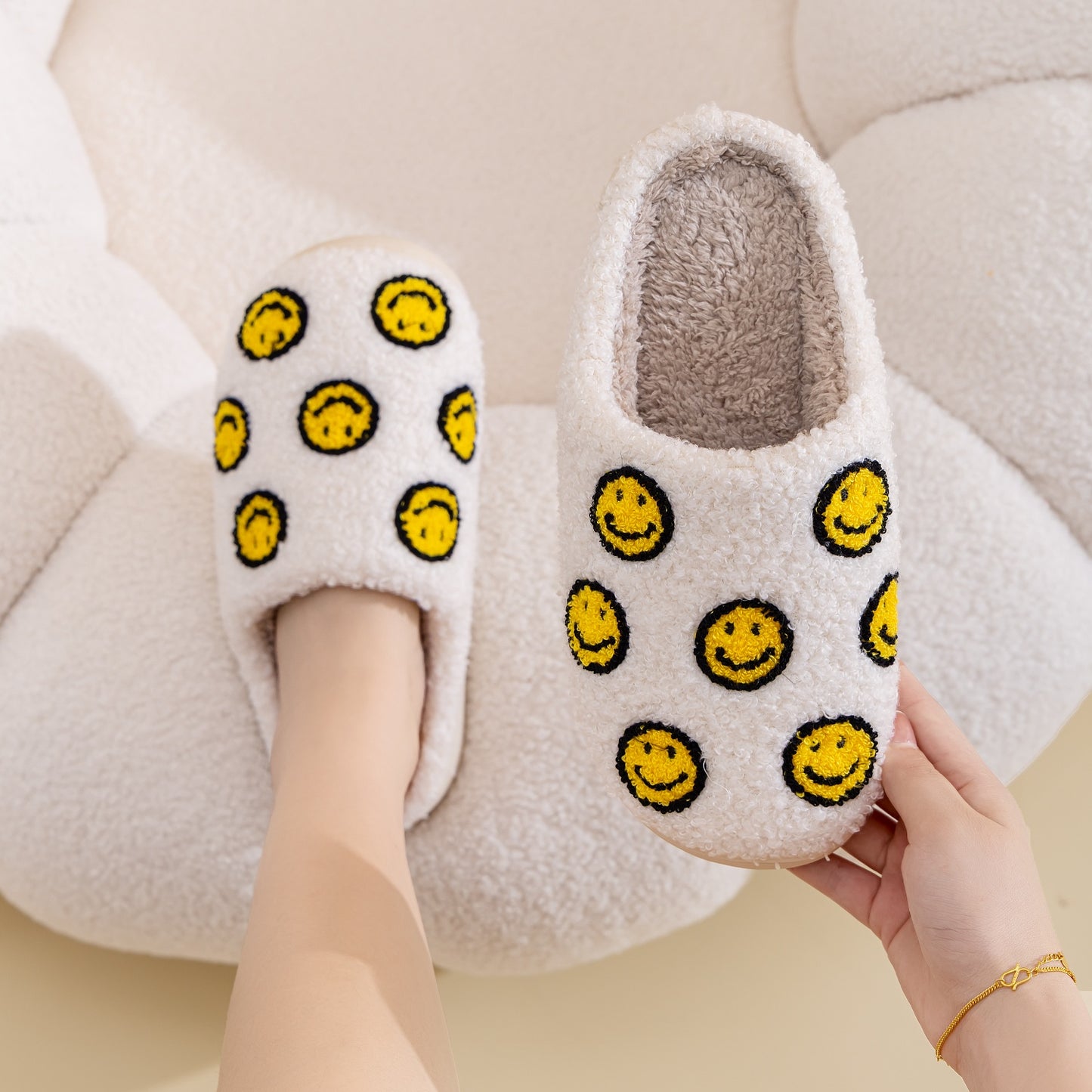 White and Yellow Smiley Face Slippers