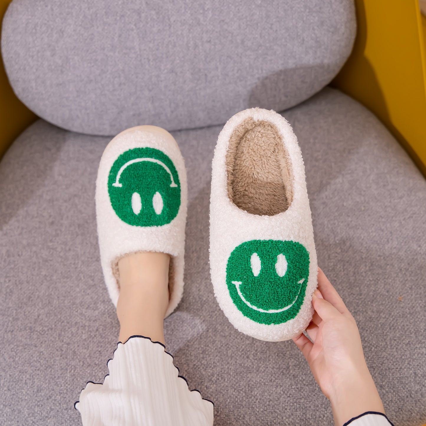 White and Green Smiley Face Slippers