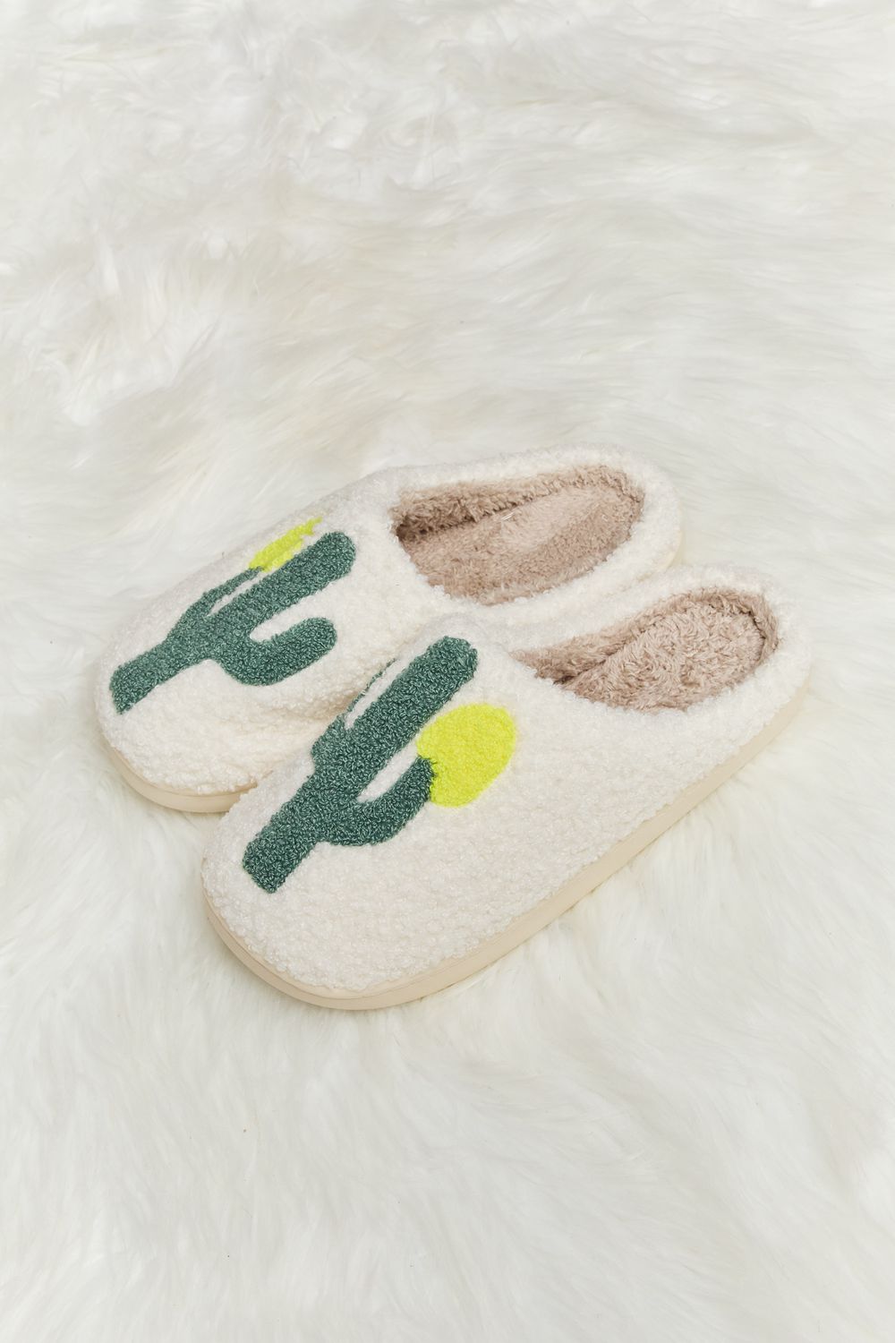 White Cactus Plush Slide Slippers