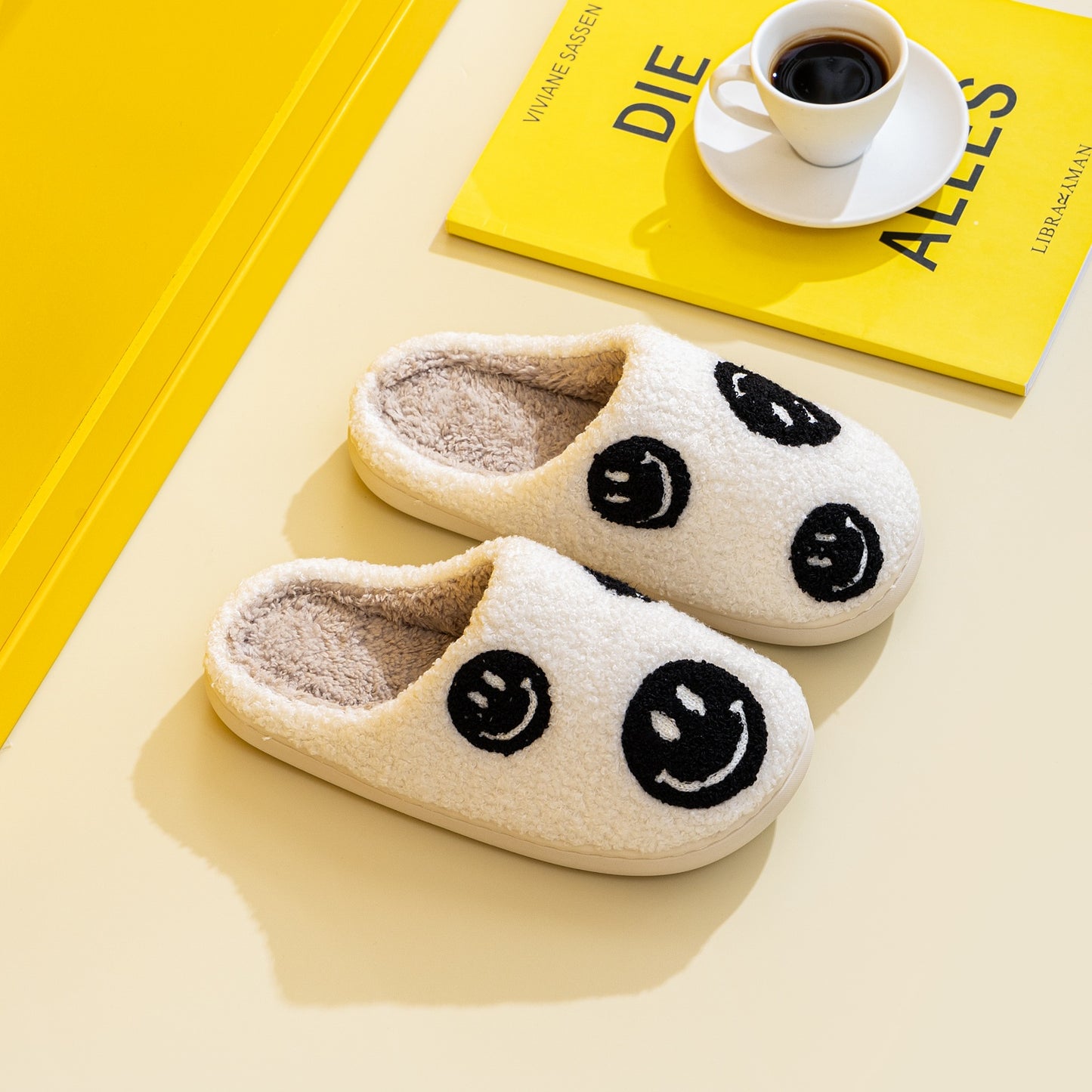 White and Black Smiley Face Slippers