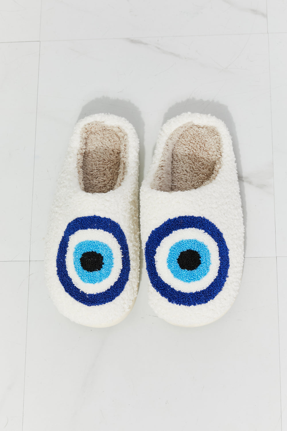 White and Blue Eye Cozy Slide Slipper