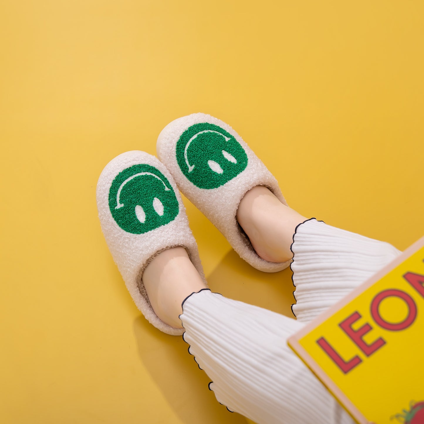 White and Green Smiley Face Slippers