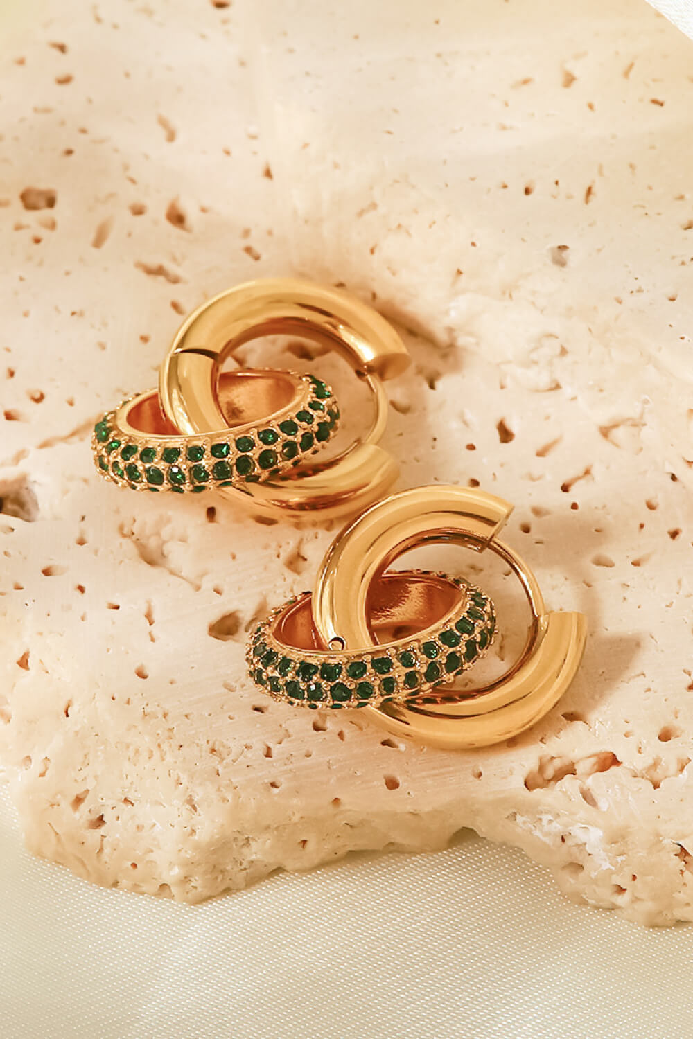 Elegant Gold Double Hoop Earrings with Emerald Accents