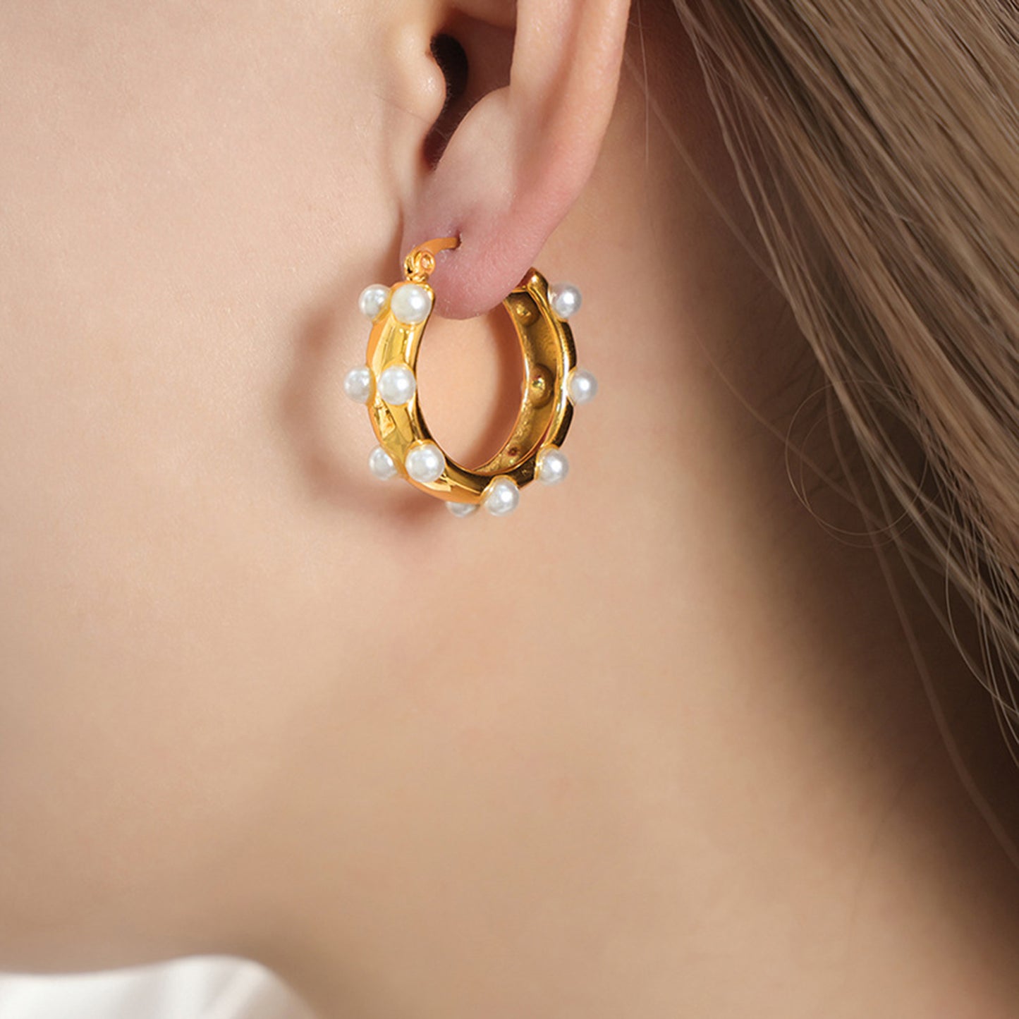 Gold Hoop with Pearl Detail Earrings