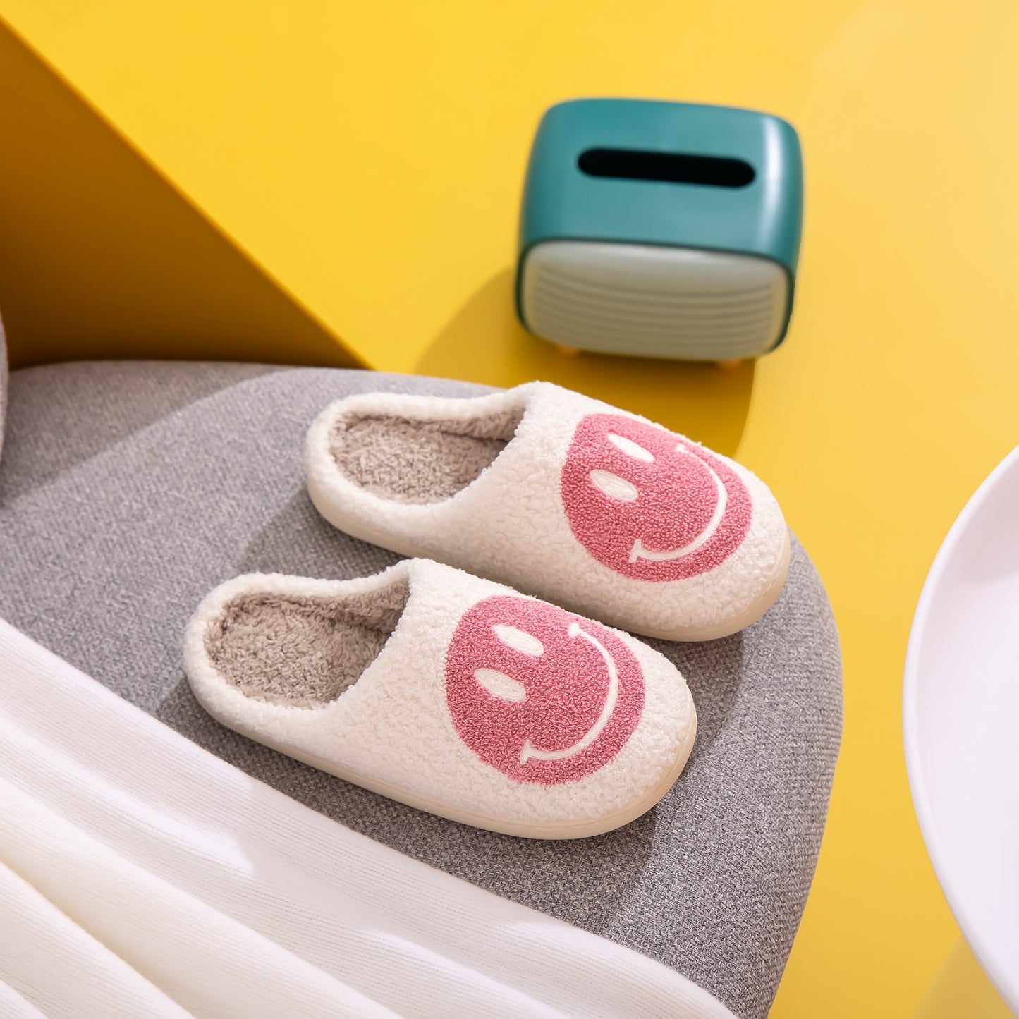 Pink and White Smiley Face Slippers