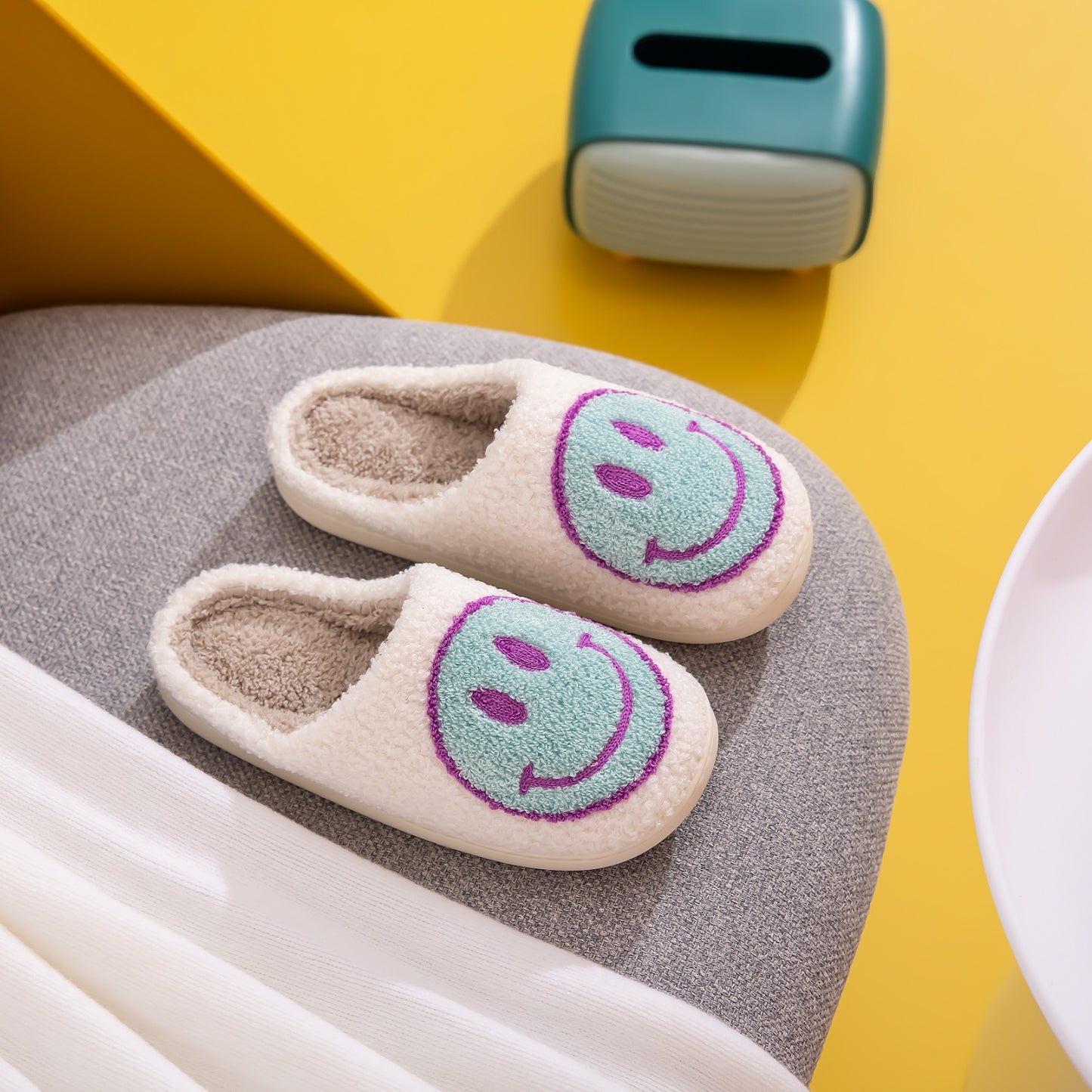 White, Purple and Blue Smiley Face Slippers