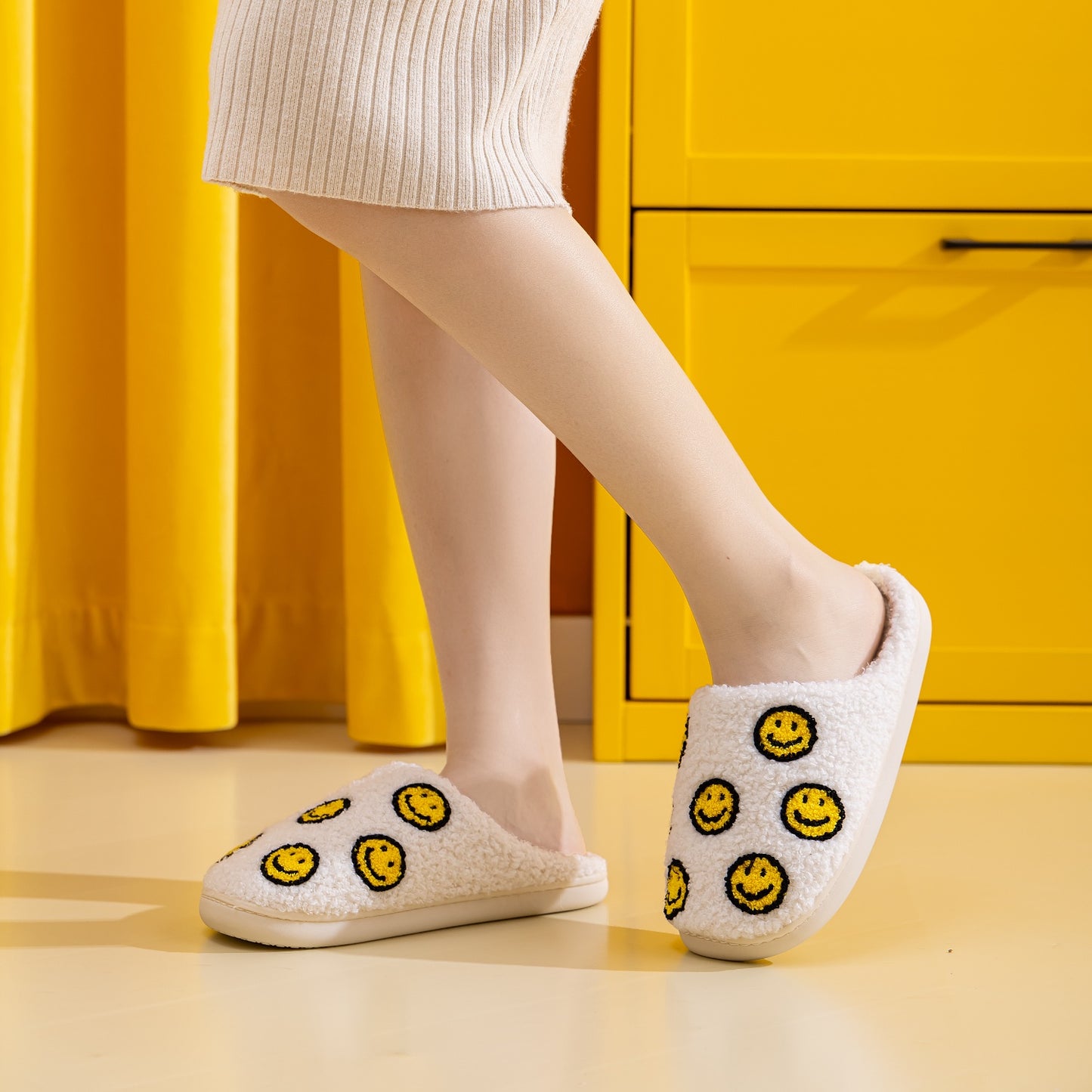 White and Yellow Smiley Face Slippers