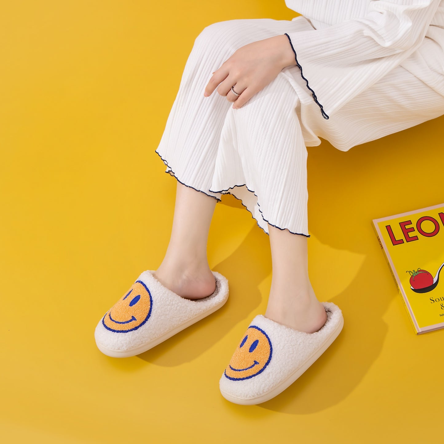 White and Yellow Smiley Face Slippers