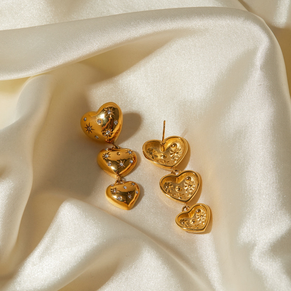 Gold Triple Drop Heart Earrings