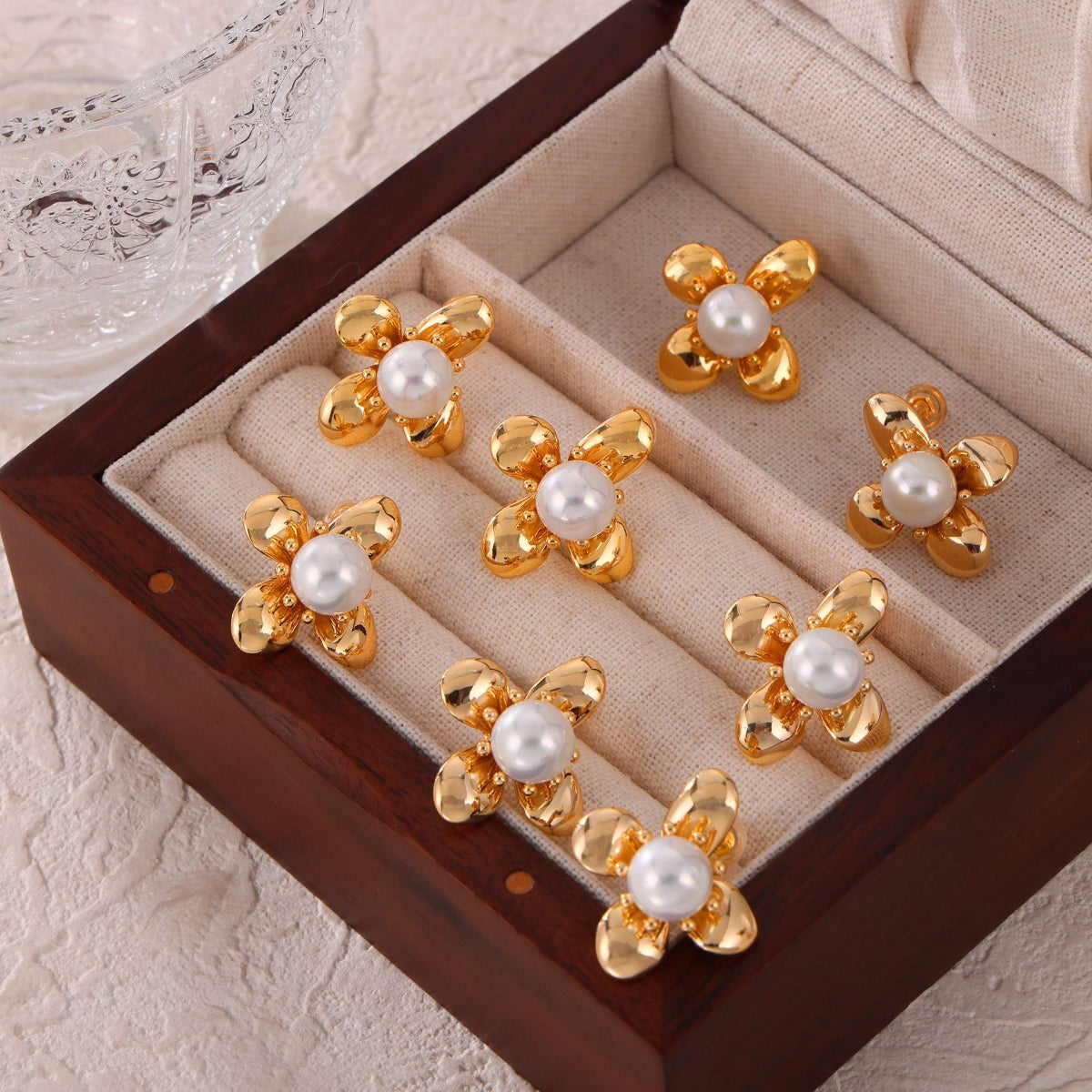 Gold Flower with Pearl Stud Earrings