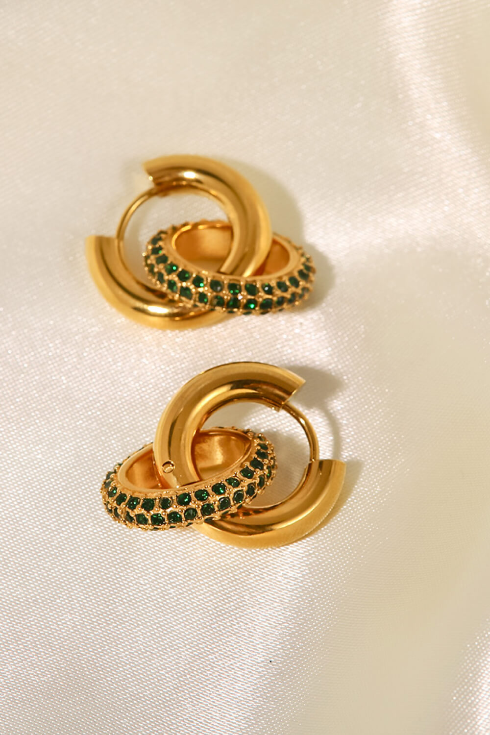 Elegant Gold Double Hoop Earrings with Emerald Accents