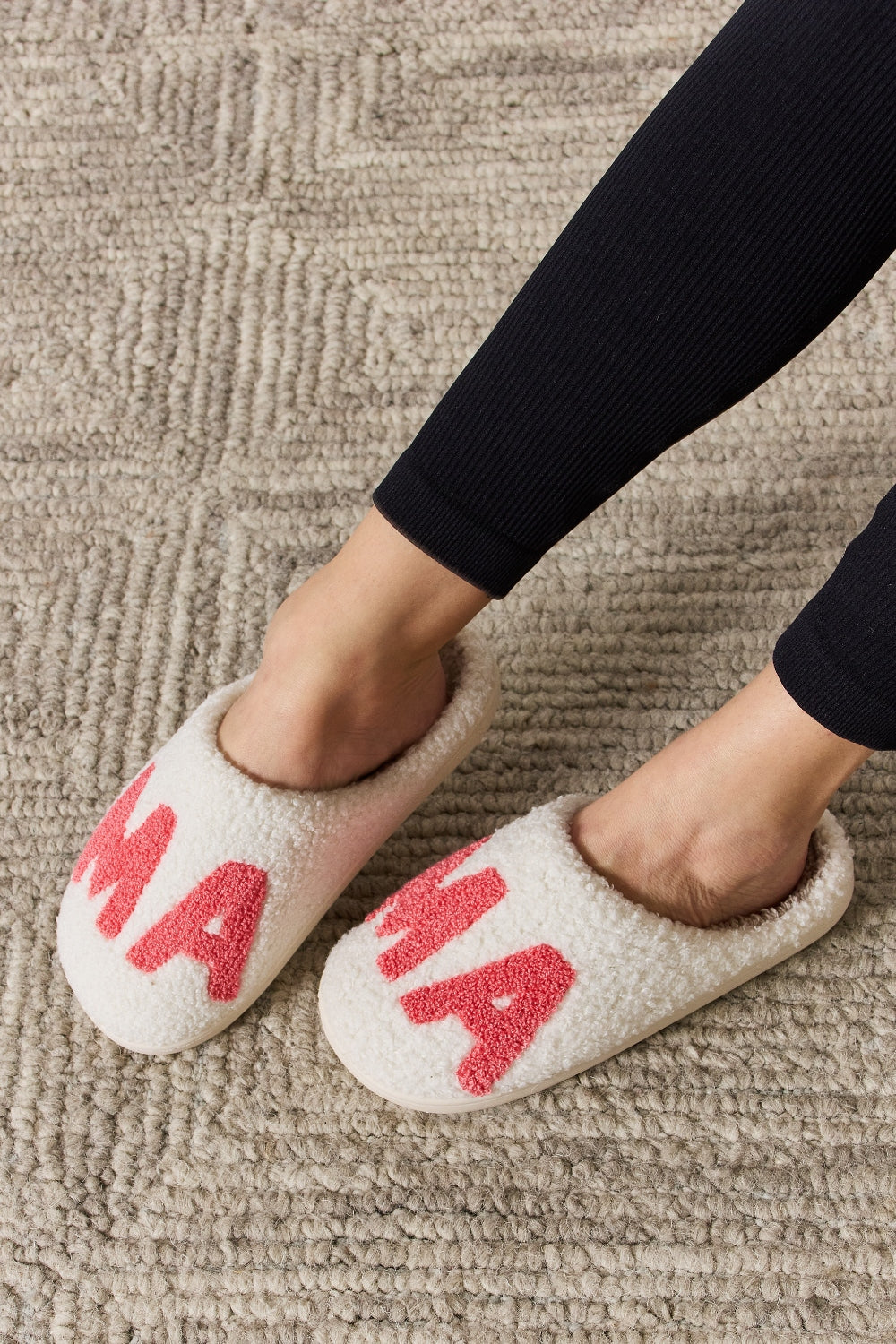 White and Pink MAMA Pattern Cozy Slippers